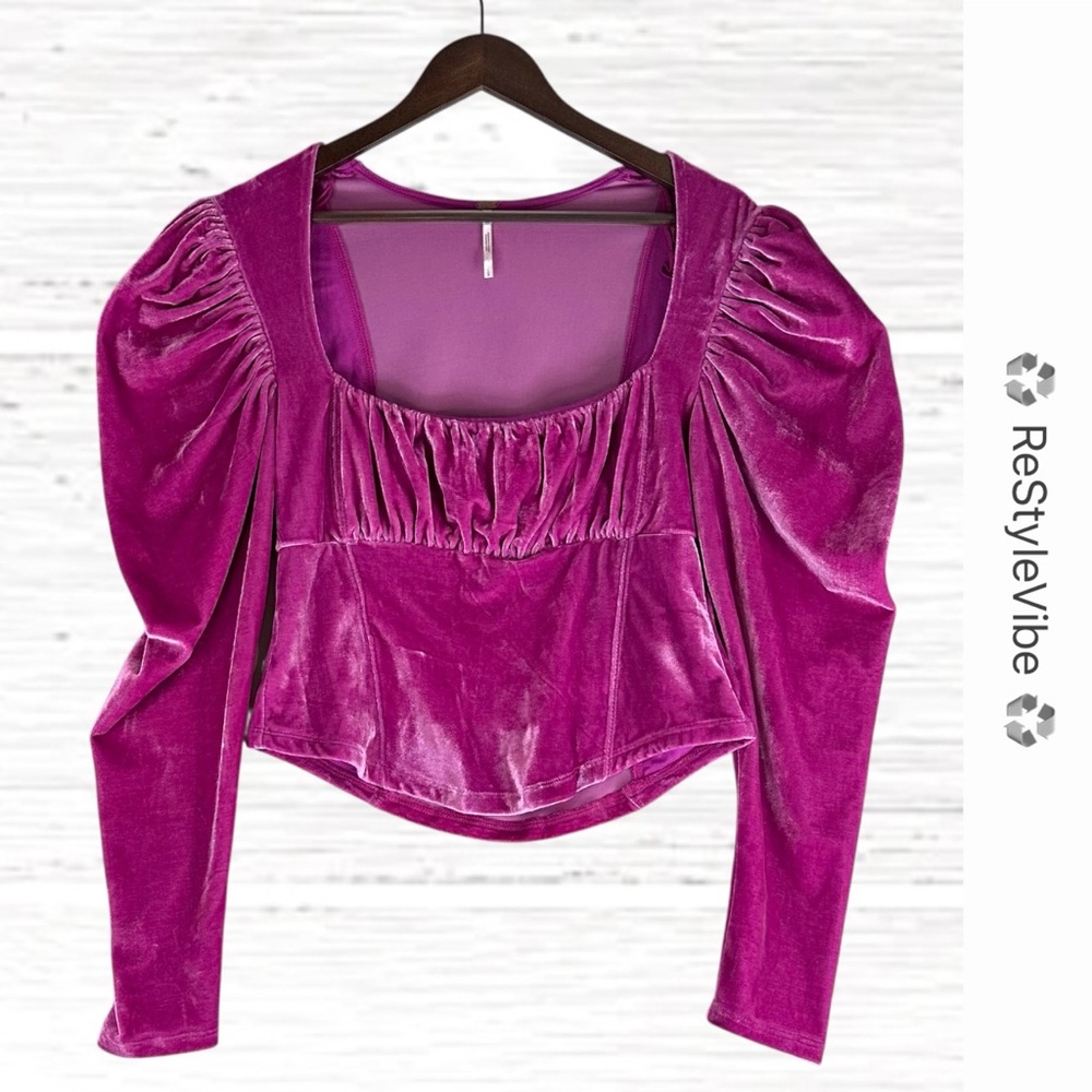 FREE PEOPLE Women’s Size L Top Blouse Shirt Velour Pink Romantic Boho Stretch